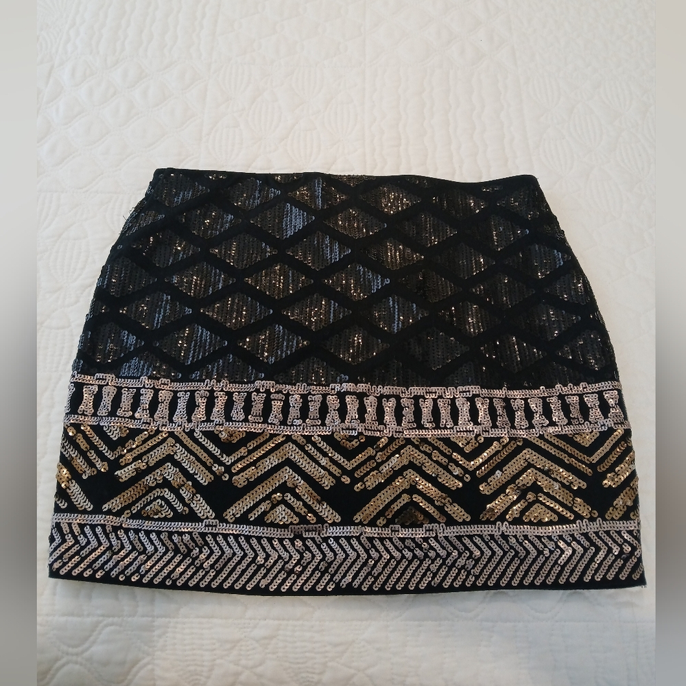 Express Black and Cream Sequin Embellished Mini Pencil Skirt